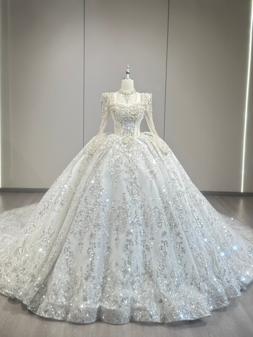 White Sequins Long Sleeve Beading Wedding Dress