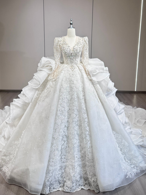 White Tulle Sequins Long Sleeve Wedding Dress