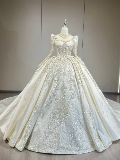 Beige White Satin Long Sleeve Beading Wedding Dress