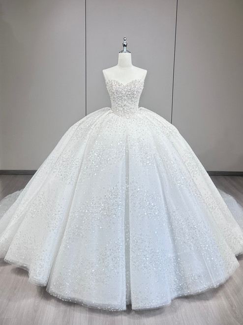 White Sequins Strapless Beading Wedding Dress