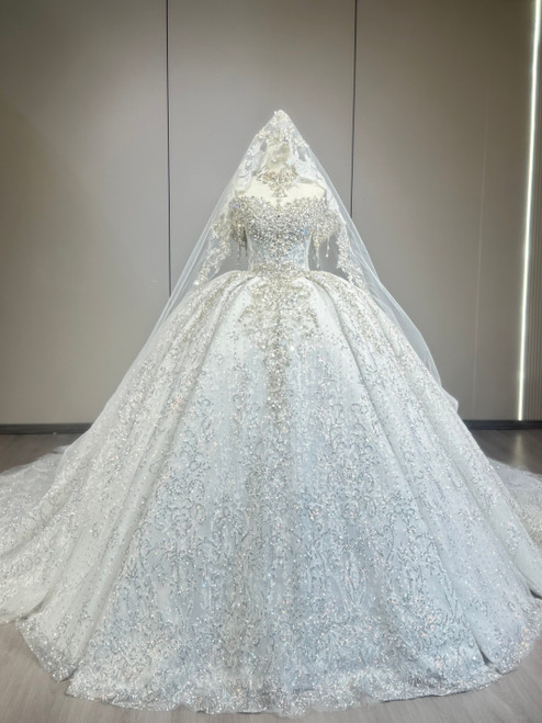 Gray Sequins Strapless Beading Wedding Dress