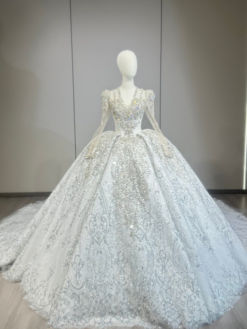 White Sequins V-neck Long Sleeve Wedding Dress