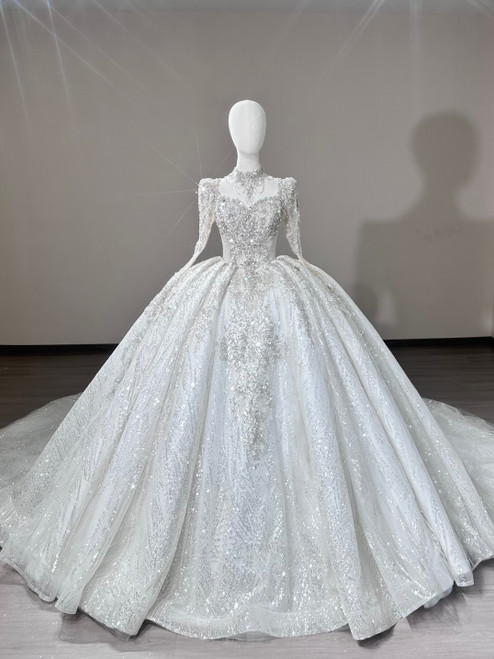 White Ball Gown Sequins Beading Wedding Dress