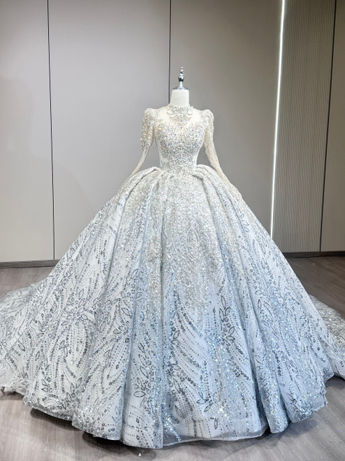 Gray Sequins Long Sleeve Beading Wedding Dress