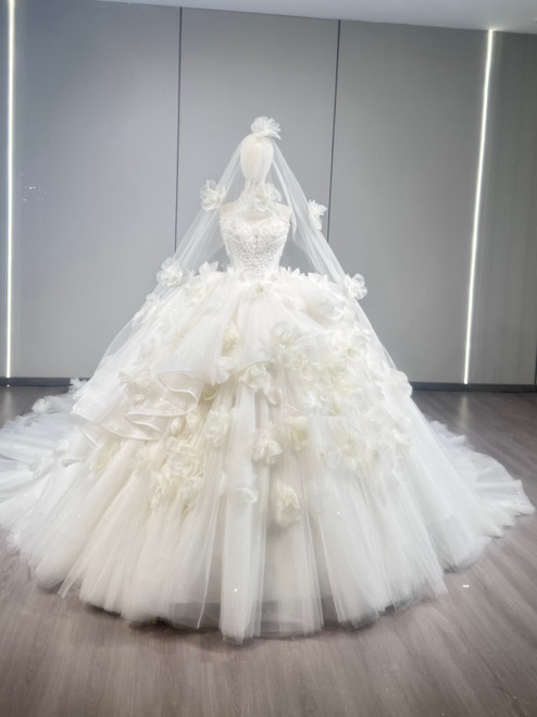 White Tulle Strapless 3D Flower Wedding Dress