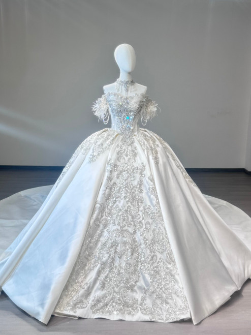 White Satin Off the Shoulder Wedding Dress