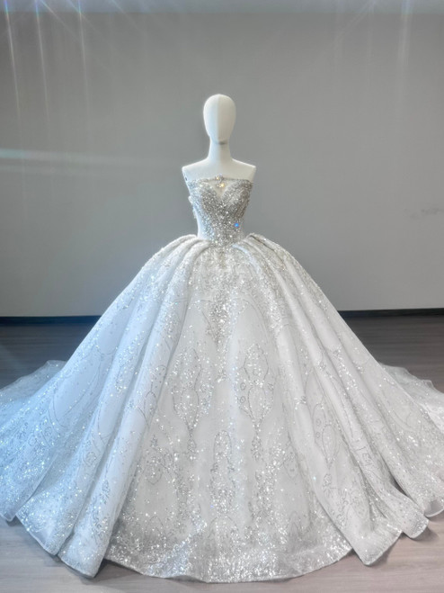 White Tulle Sequins Strapless Beading Wedding Dress