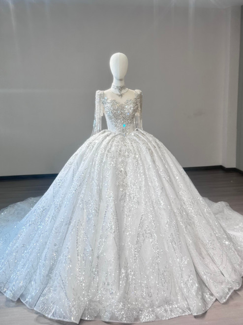 White Sequins Short Sleeve Beading Wedding Dress