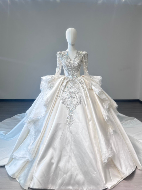 Ivory White Satin Long Sleeve Beading Wedding Dress