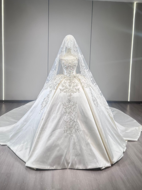 White Satin Strapless Beading Wedding Dress