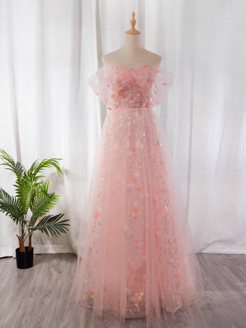 Pink Tulle Sequins Flower Prom Dress
