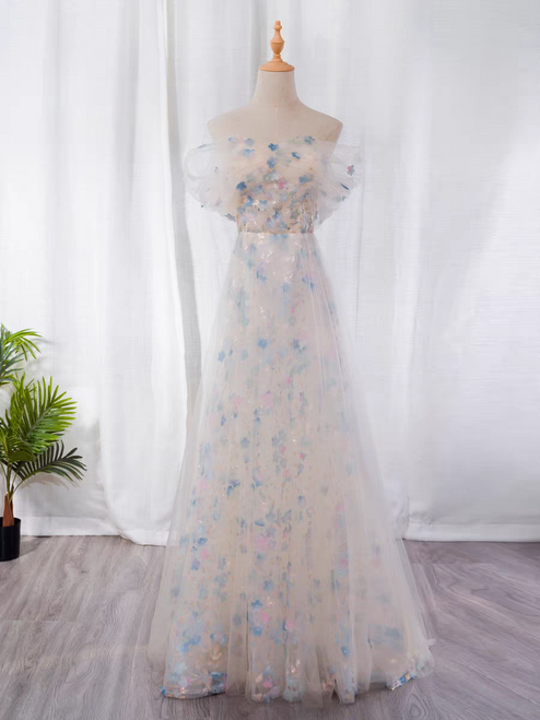 White Tulle Flower Sequins Prom Dress