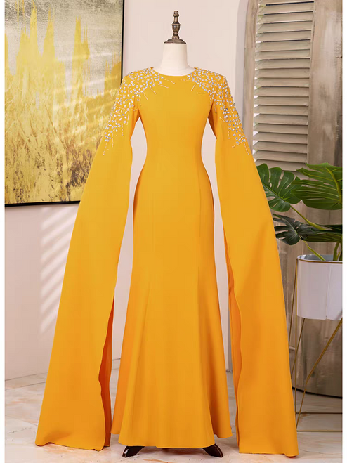 Yellow Scoop Neck Beading Long Sleeve Prom Dress