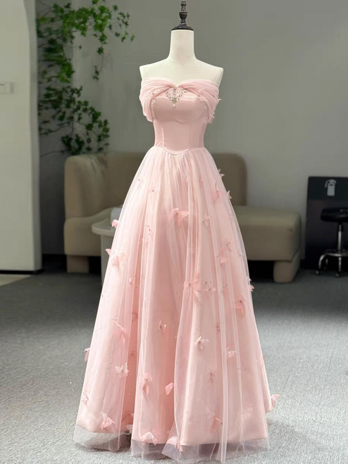 Pink Tulle Off the Shoulder Butterfly Beading Prom Dress