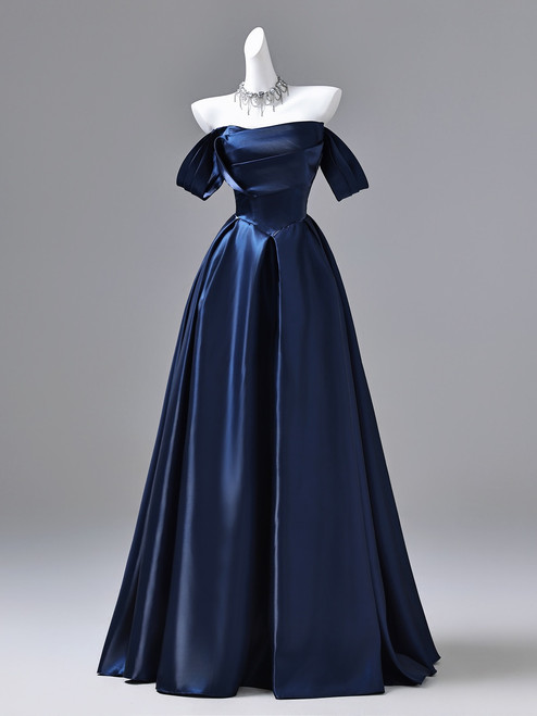 Blue Satin Off the Shoulder Pleats Prom Dress