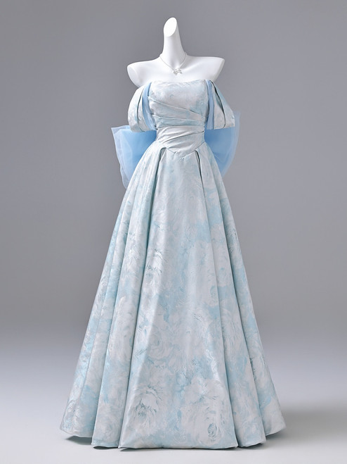 Blue Print Off the Shoulder Pleats Prom Dress