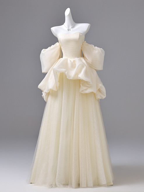 Champagne Tulle Strapless Prom Dress