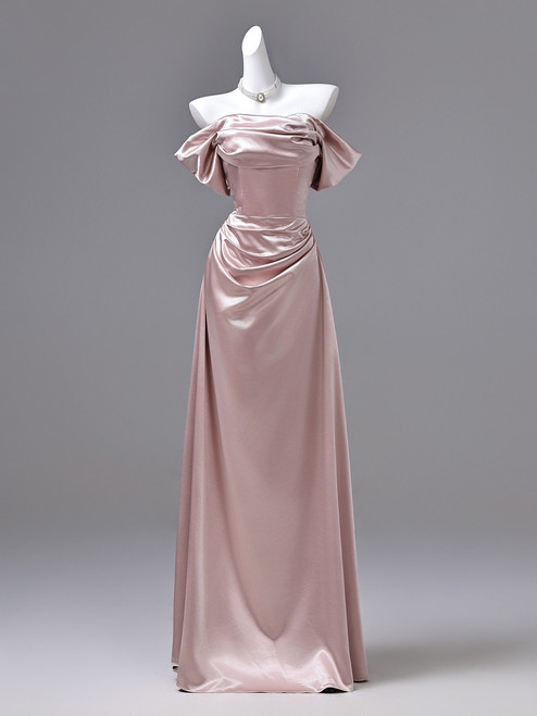 Pink Satin Off the Shoulder Prom Dress