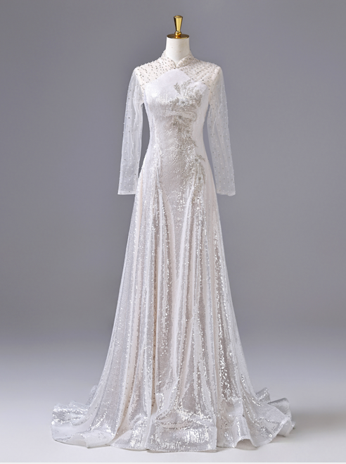White Sequins Long Sleeve Beading Prom Dress