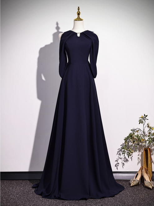 Navy Blue Scoop Neck Beading Prom Dress