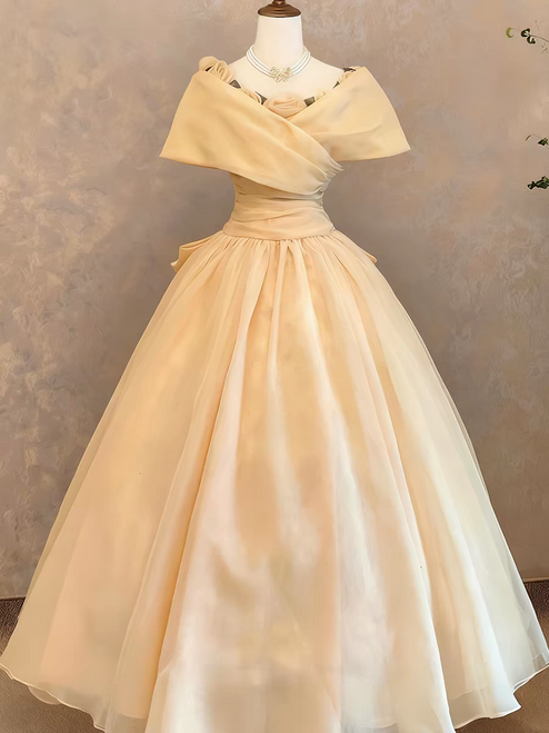 Yellow Tulle Off the Shoulder Flower Prom Dress
