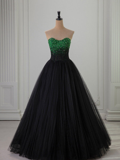 Black Tulle Strapless Beading Prom Dress