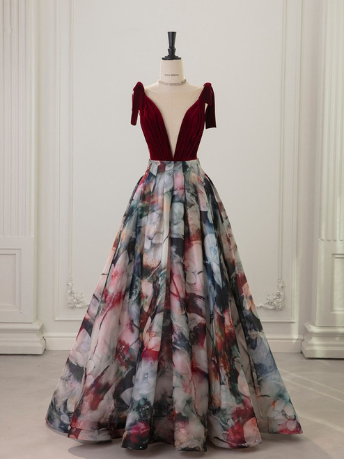 Burgundy Velvet Print V-neck Prom Dress