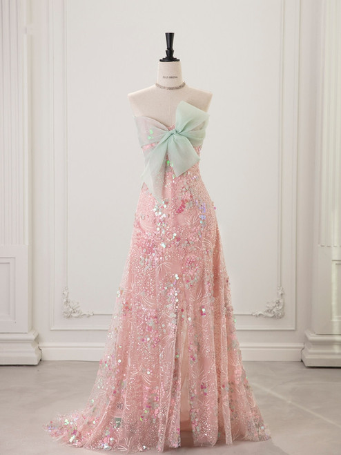 Pink Sequins Strapless Bow Prom Dress