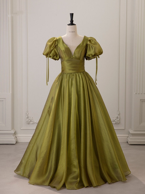 Green Puff Sleeve Pleats Prom Dress