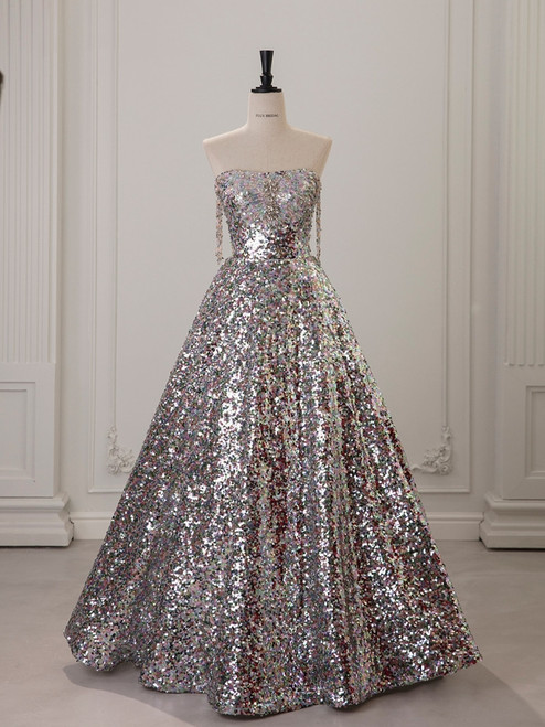 Silver Sequins Strapless Beading Prom Dress