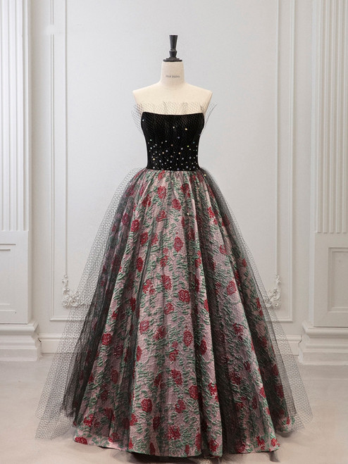 Blck Tulle Print Strapless Prom Dress