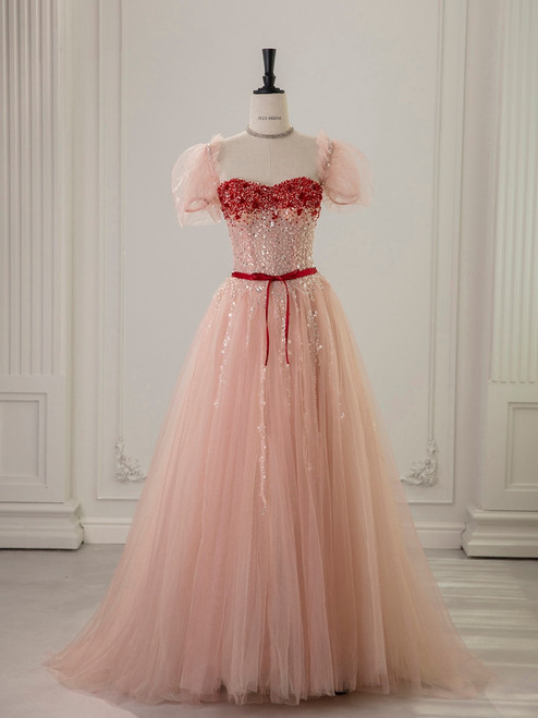 Pink Tulle Puff Sleeve Beading Prom Dress
