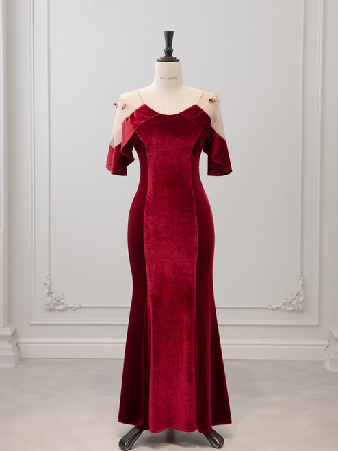 Burgundy Velvet Beading Prom Dress