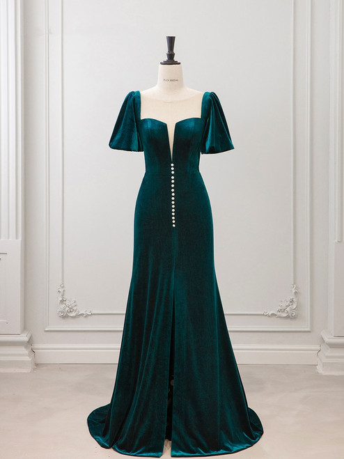 Green Velvet Puff Sleeve Split Prom Dress