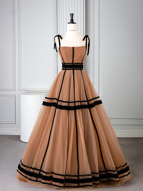 Khaki Tulle Spaghetti Straps Prom Dress