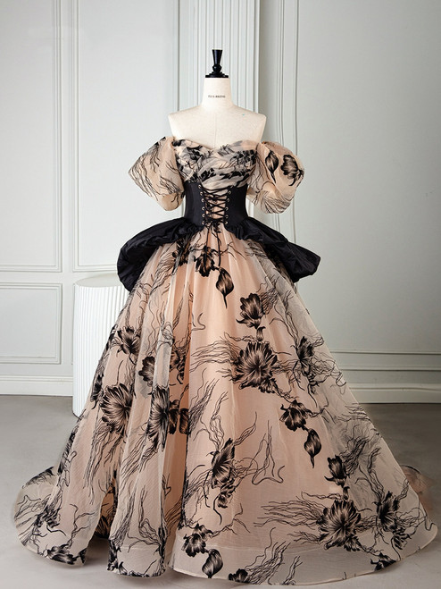 Champagne Tulle Print Off the Shoulder Prom Dres