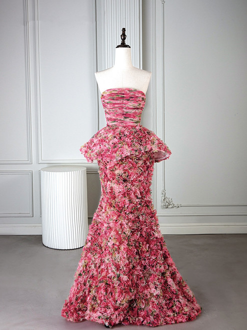 Pink Mermaid Print Strapless Pleats Prom Dress