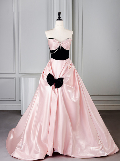 Pink Satin Strapless Pleats Bow Prom Dress