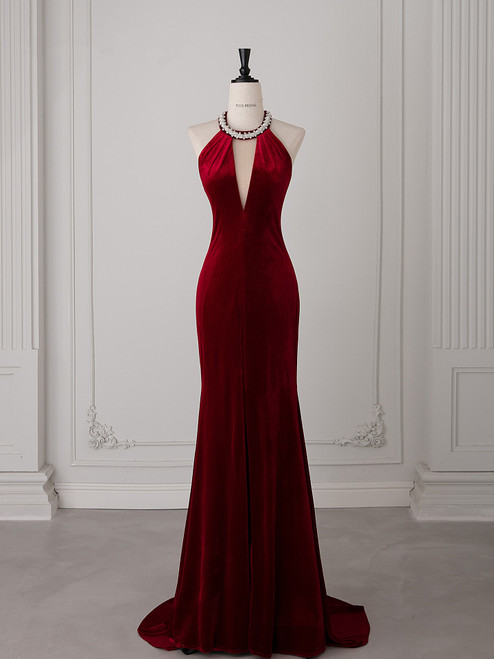 Burgundy Mermaid Velvet Halter Beading Prom Dress