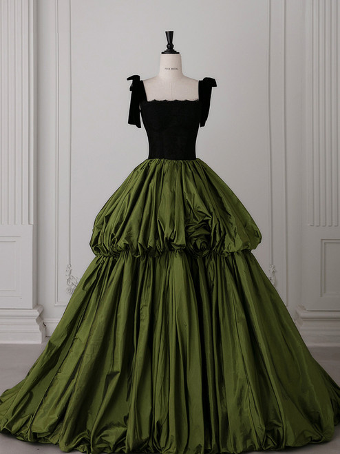 Green Satin Velvet Straps Prom Dress