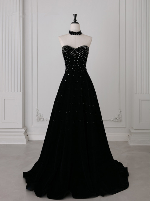 Navy Blue Velvet Strapless Beading Prom Dress