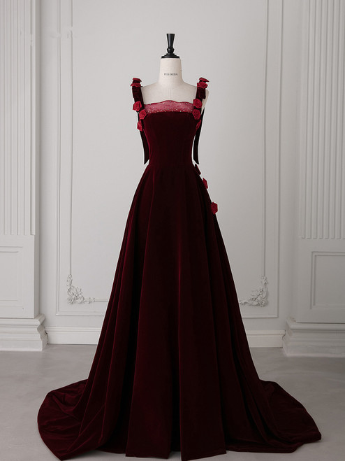 Burgundy Velvet Straps Flower Prom Dress