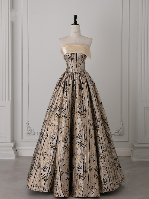 A-Line Gold Print Strapless Prom Dress