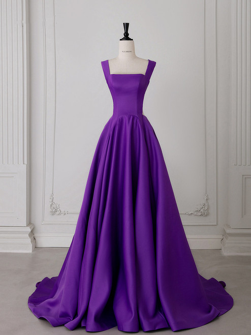 Purple Satin Straps Backless Prom Dress