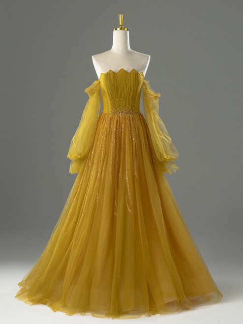 Yellow Tulle Off the Shoulder Pleats Beading Prom Dress