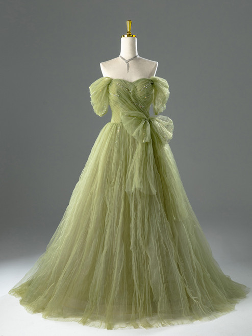 Green Tulle Off the Shoulder Pleats Beading Prom Dress