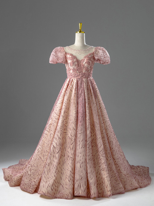 Pink Sequins Puff Sleeve Beading Prom Dress