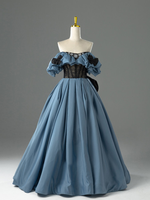 Blue Satin Lace Bow Prom Dress