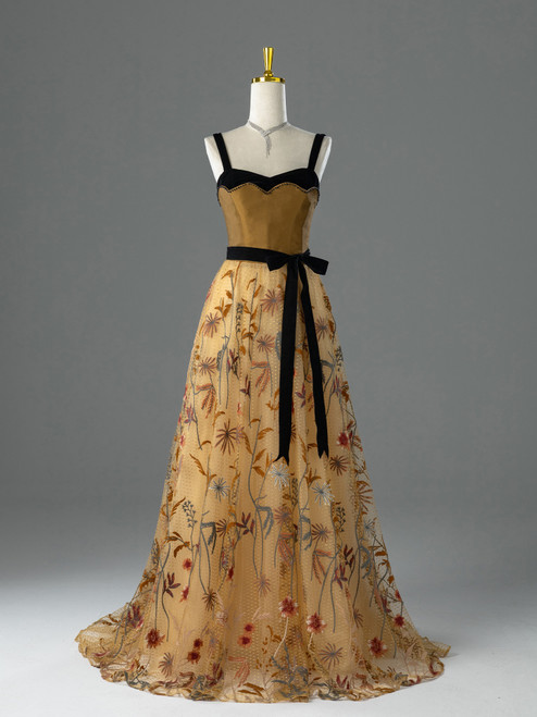 Gold Tulle Straps Beading Prom Dress