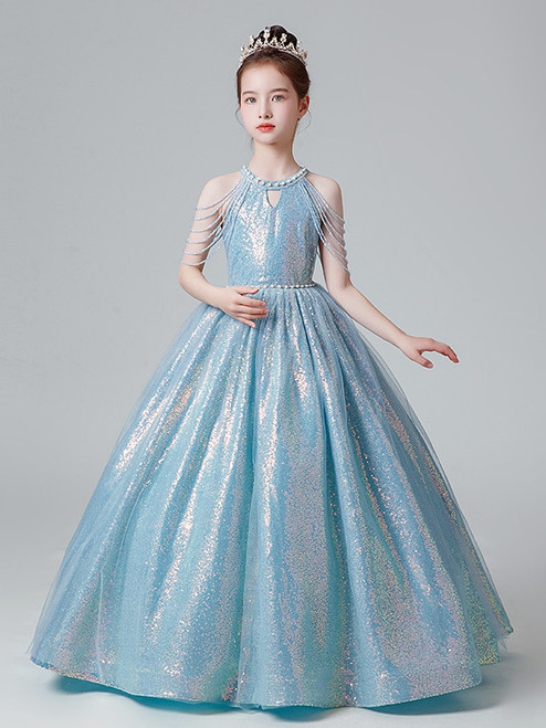 Blue Sequins Halter Beading Flower Girl Dress